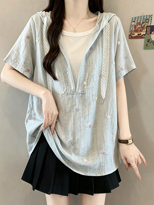 

Casual Style Embroidered Hooded Short Sleeve Shirt Women's plus Size Match All Cotton Blend Fiber Summer 2026 Fashion Trend