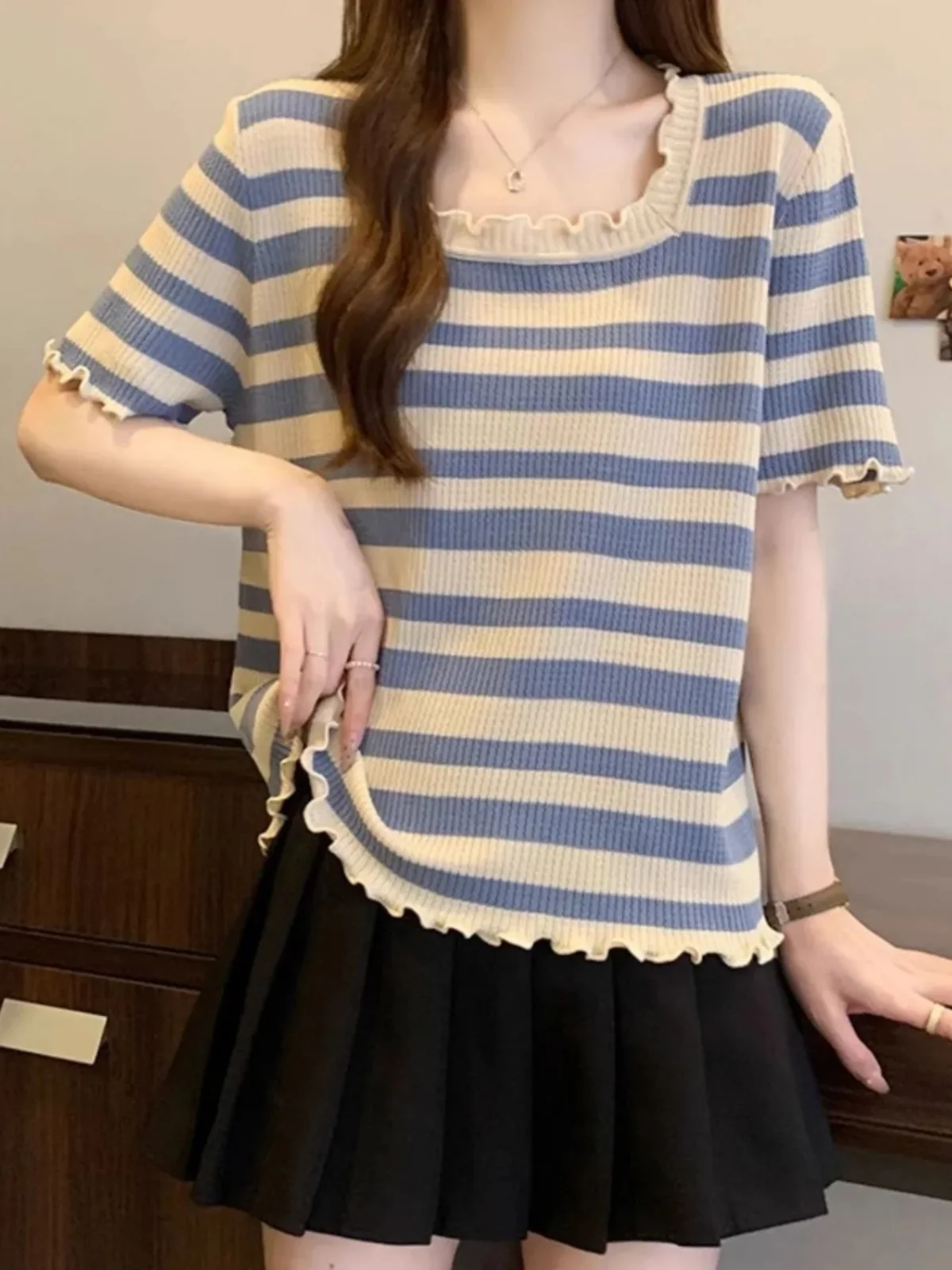 حجم كبير المرأة تي شيرت الحرير الجليد ort Sve محبوك فضفاض صالح ساحة طوق الصيف التخسيس مخطط الكورية Sle