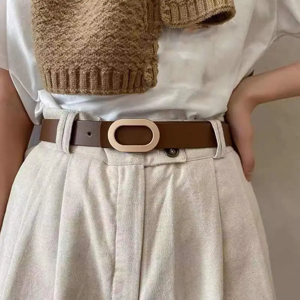 

Women Belt Wide Faux Leather Adjustable Multi Holes Solid Color Metal Buckle Anti-break Great Durability Lady Dress Waistband