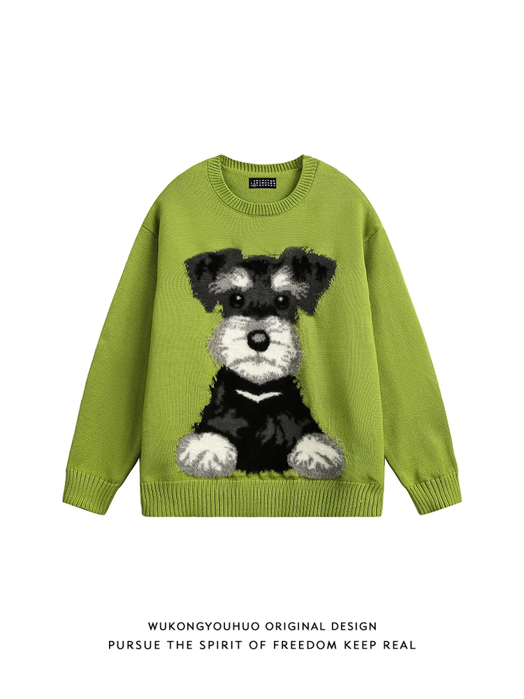 

Повседневный круглый вязаный свитер, осенний винтажный ленивый свитер для пары, базовый удобный длинный топ с рисунком собаки