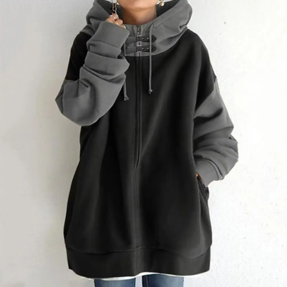 Women Auutmn Hoodie Patchwork Contrast Color Hidded Zipper Long Sleeve Mid Length Loose Pockets Hooded Thick Lady Hoodie