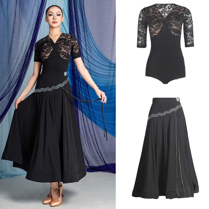 

Adults Waltz Modern Dancing Clothes Women'S Ballroom Dance Competition Costume Short Sleeves Black Latin Top Long Skirts SL12593