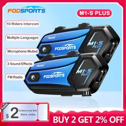 2 Pcs Fodsports M1S Plus-Bluetooth5.0 Intercom Moto talkie-walkie pour 10 coureurs 2000m, Partage de musique intercomunicador moto Casque étanche Interphone avec radio FM, Appairage universel, Microphone muet (CE FCC)
