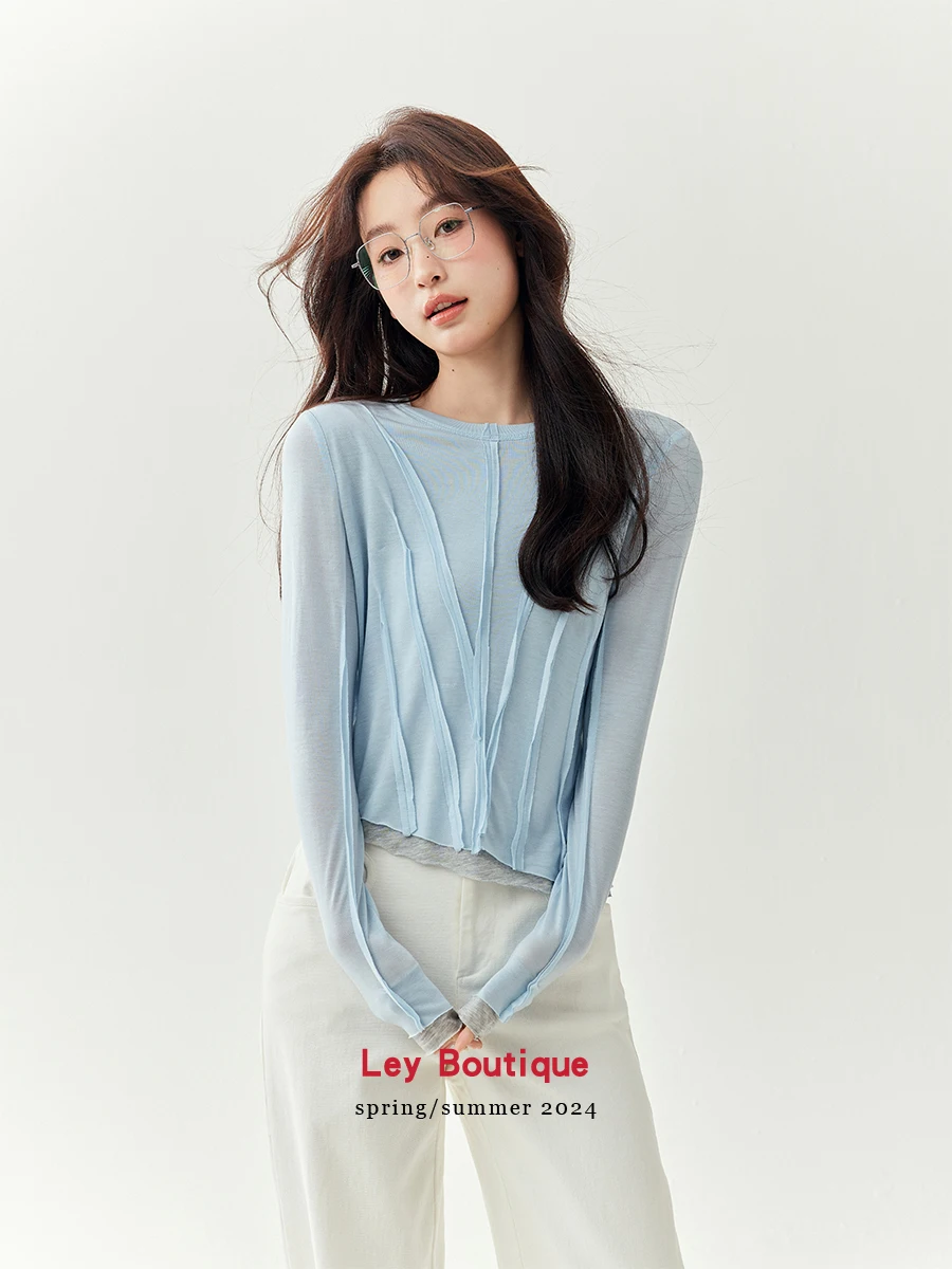 

Ey Blue Splice Design Базовая круглая женская футболка Ley Boutique Color Blo Простой удобный вязаный свитер