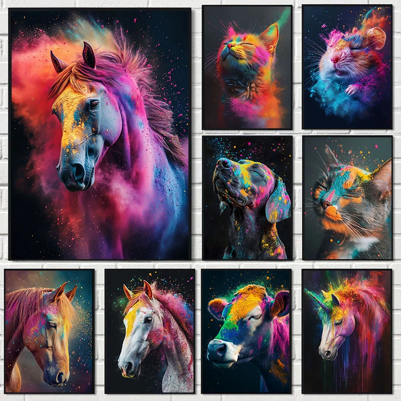 Powder Paint Animals Horse Dog Cat Cow Poster Prints Colorful Animal Canvas Painting Wall Art Picture for Living Room Home Decor