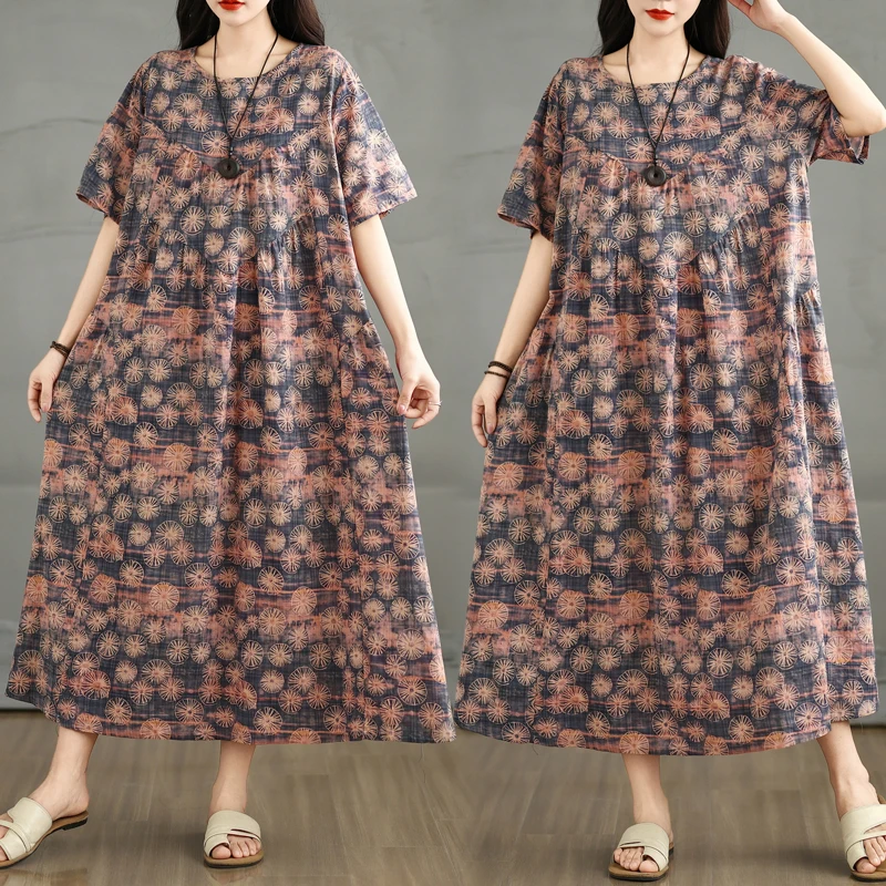 

Slimming Summer New Retro Cotton Linen round Neck Pocket Short Sleeve Dress Women Loose Slim A-Line Skirt Commute Style High ...