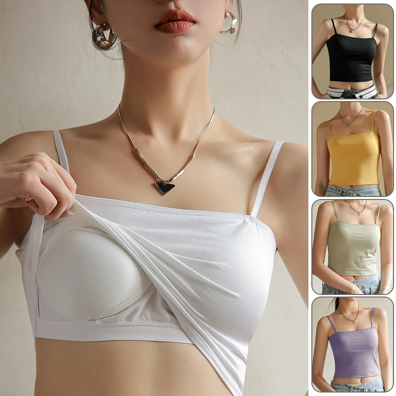 Women Basic Solid T Shirt Cotton Tank Tops With Chest Pad Slim Spaghetti Camisole With Bras Home Daily Wear Tops Sport Yoga Vest