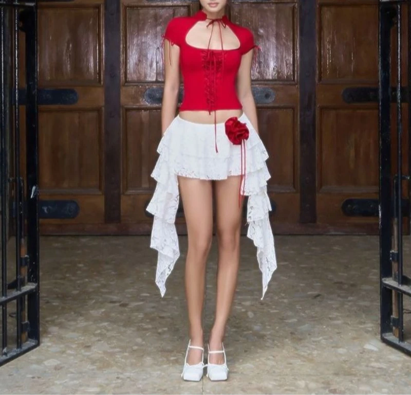 Women's Spring Summer New Red Solid Color Drawstring Hollow Sexy Slanted Shoulder Can Be Wearing Twice Women's Top