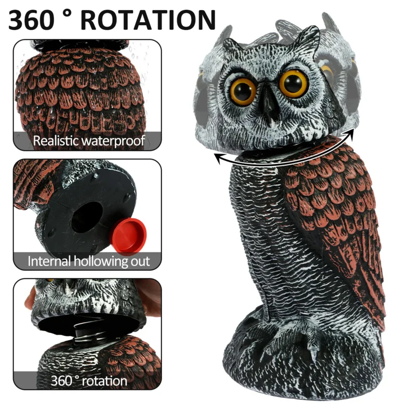 Owl Scare Bird Control Devices with 360° Swivel Head Waterproof Fake Owl Scarecrow Decoy Lifelike Simulation Owl Bird Deterrent