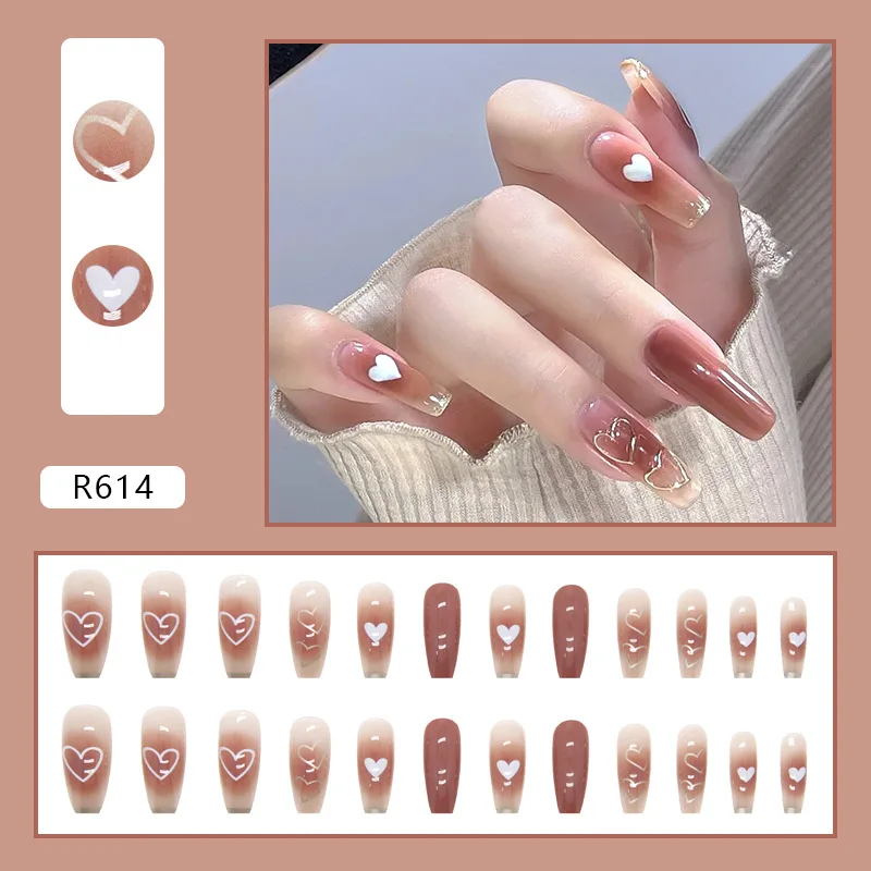 24pcs Summer Blush White Love Long Artificial Charms Cheap Girls Press on Nails Set Cute Korean Decorated Fake Nails with Glue