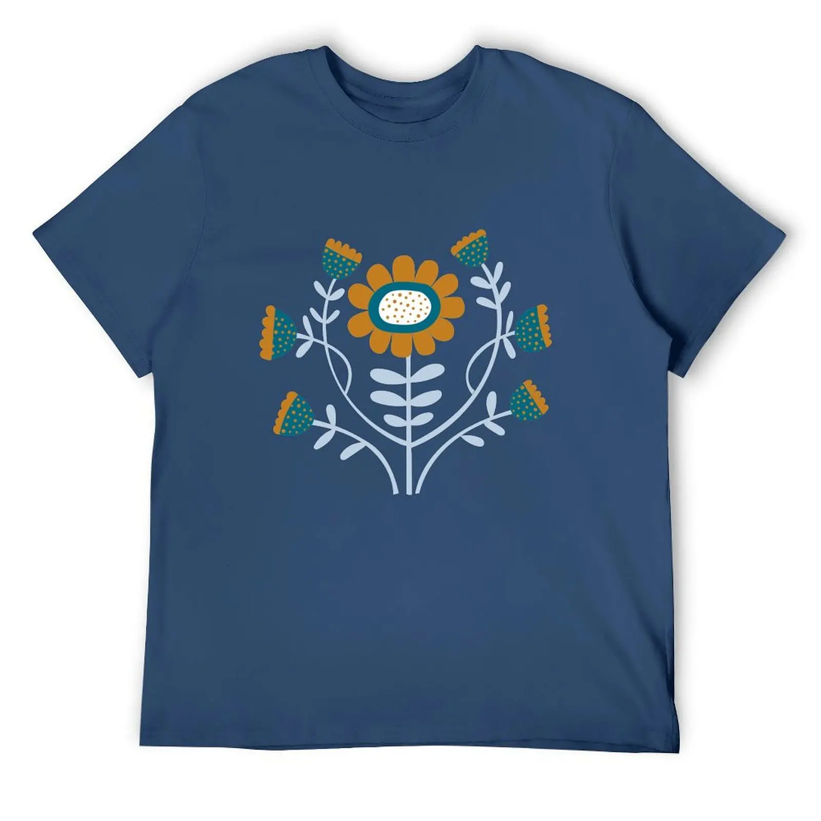 Arts and Crafts Folk Floral - Caramel and Teal on Navy - floral pattern by Cecca Designs T-Shirt