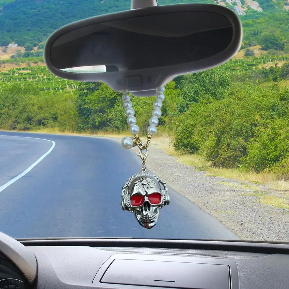 Funny Ghost Expression Ornament Skull Car Hanging Ornament Faux Pearl Bead Chain Rear View Mirror Charm Funny Vehicle for Men view 3