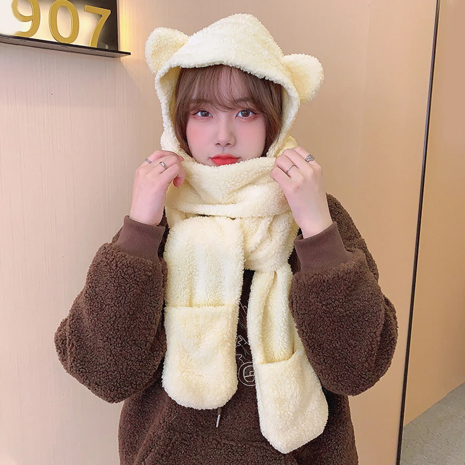 Cute Plush Ears Winter Warm Ear Protection Hat Scarf Gloves Women Cute Cartoon Thick Hat Ear Protectors Warm Plush Hat Women