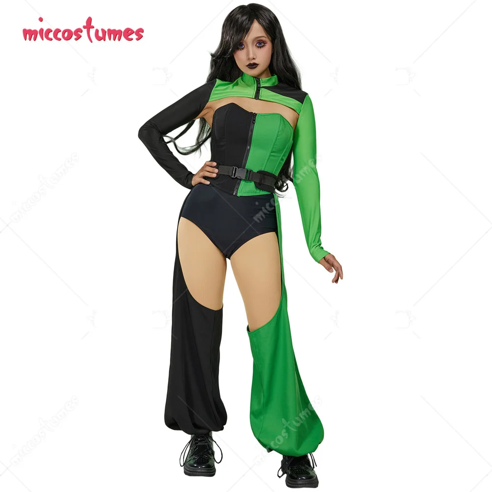 

Miccostumes Women Sexy Outfit Green Black Long Sleeve Crop Top with Corset and Crotch Cutout Pants Belt Cosplay Costume