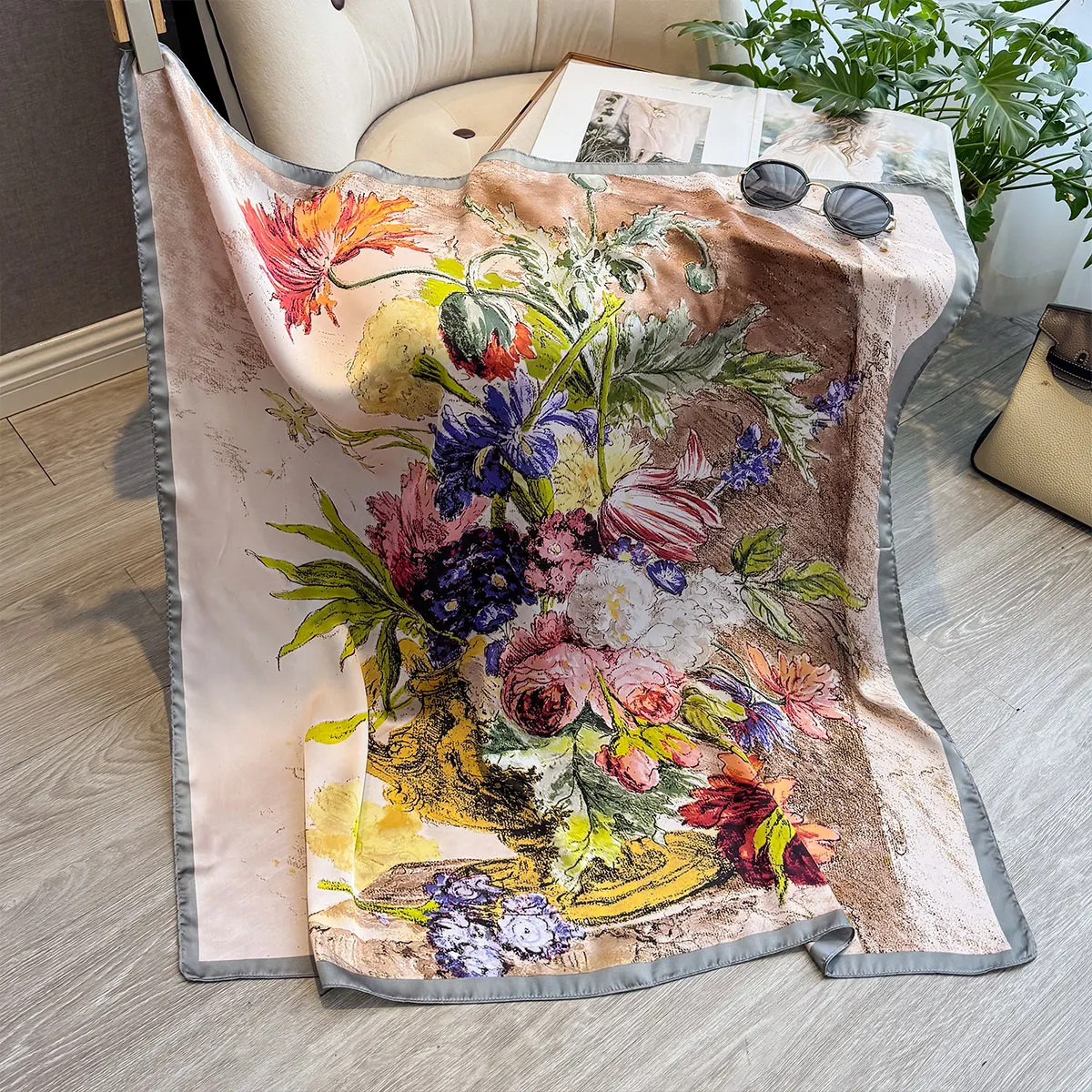 الربيع والصيف الأزهار تصميم 90*90 سنتيمتر النساء وشاح واقية من الشمس Foulard شال الحجاب الإناث الشعر الحجاب يلتف منديل باندانا