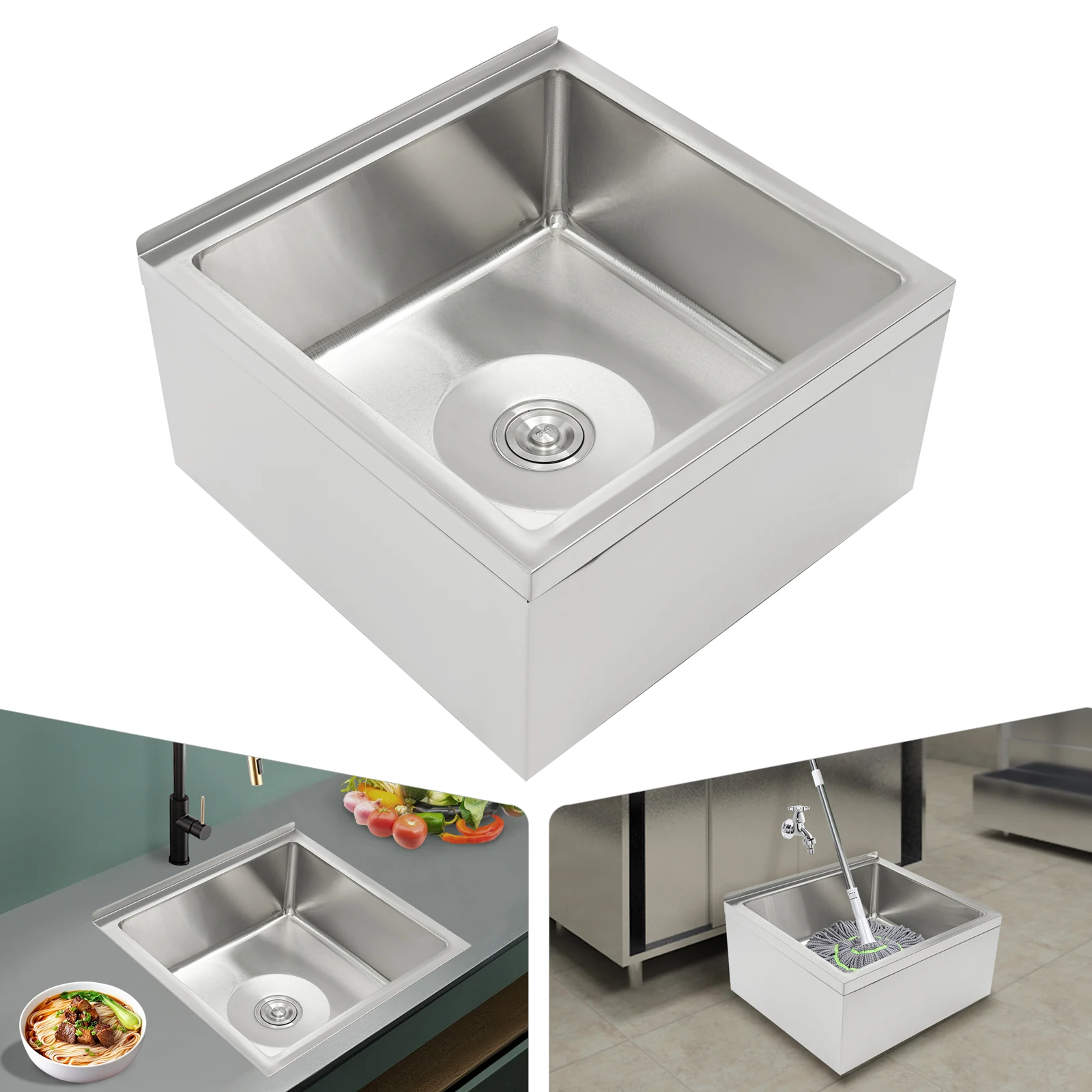 Stainless Steel Floor Mount Kitchen Sink, 19in Deep Single-Bowl Sink With Anti-Splash Baffle Drain Strainer Reinforced Corners For Home, Restaurant, Hotel, Cafe, Laundry Room