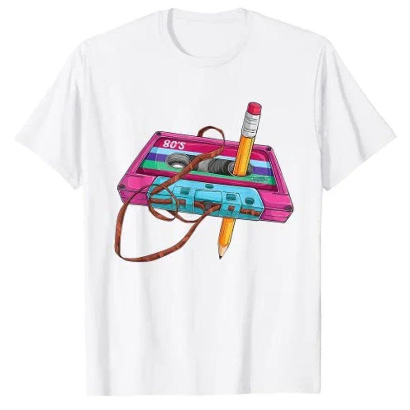 LE 70's 80's 90's Vintage Cassette Tape Pencil Music Mixtape Printed T-Shirt Funny 40th 50th 60th 70th Birthday Gift Graphic Tee