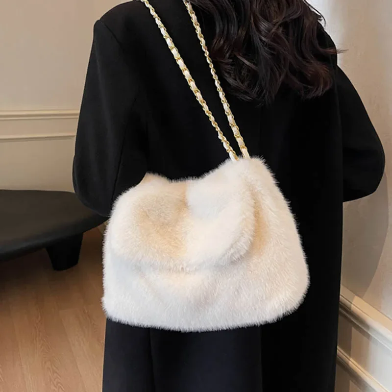 Autumn Winter Faux Fur Handbags Korean Vintage Large Capacity Tote Bag Women's Plush Chain One Shoulder Bags