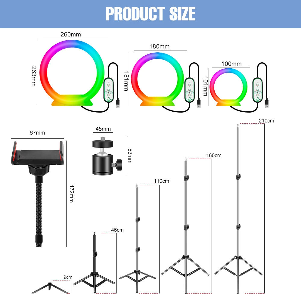 RGB 셀카 링 라이트 LED 필 램프, 사진 조명, 5V USB 조도 조절 램프, 삼각대 포함, 전화 스탠드 링 램프, 비디오 라이브