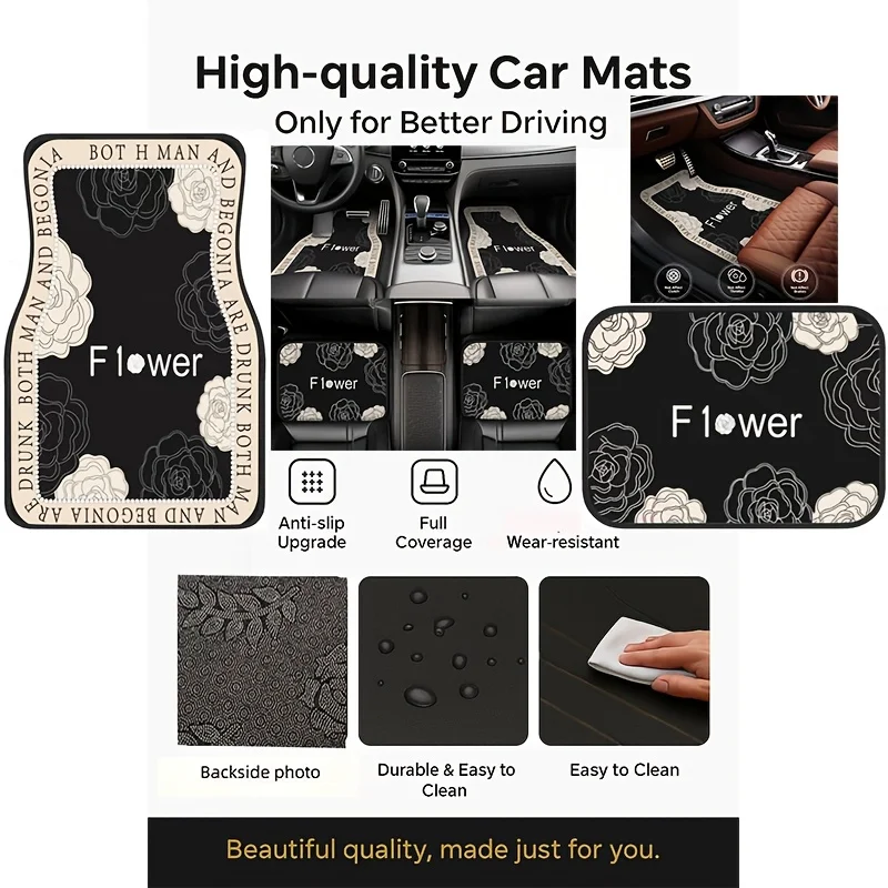 4pcs Art Fabric Car Floor Mats - Non-Slip Rubber Backing, Universal Rubber Foot Pads, All-Season Use, Front And Rear Carpets, Wa