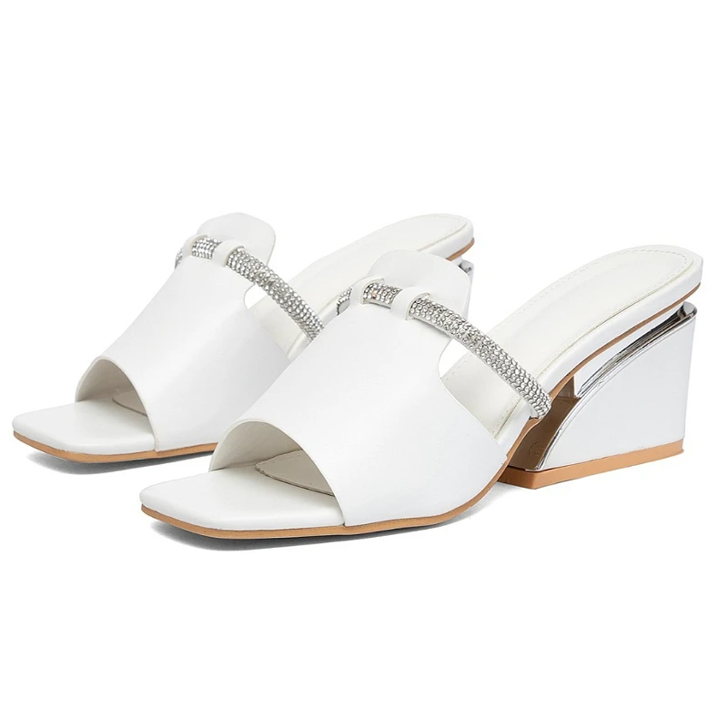 

Rhinestone Fashion Wedge Slippers for Women Peep Toe Summer New Leather Outdoors Slides Female Mules Casual High Heels Sandals