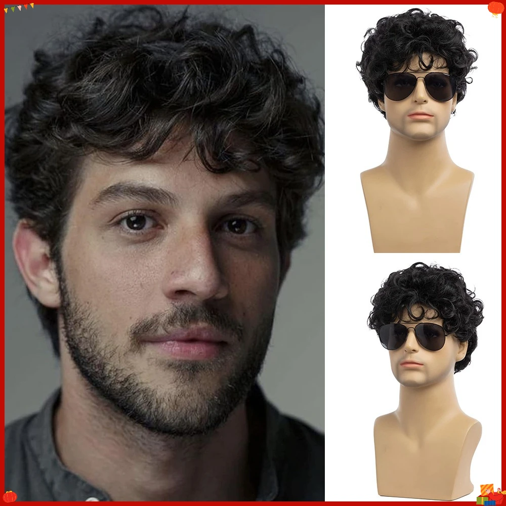 Synthetic Short Black Layered Curly Wig for Men Full Head Cosplay Party Costume Daily Wear Heat Resistant Fiber Hair