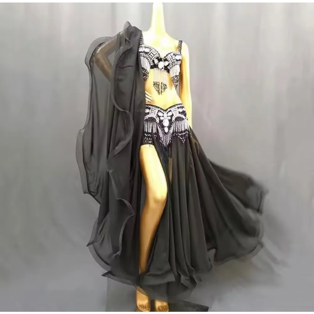 Professional White Belly Dance Costume for WomenOriental Dance Sequins Bra & Belt Set with Skirt, Bellydance Performance Outfit