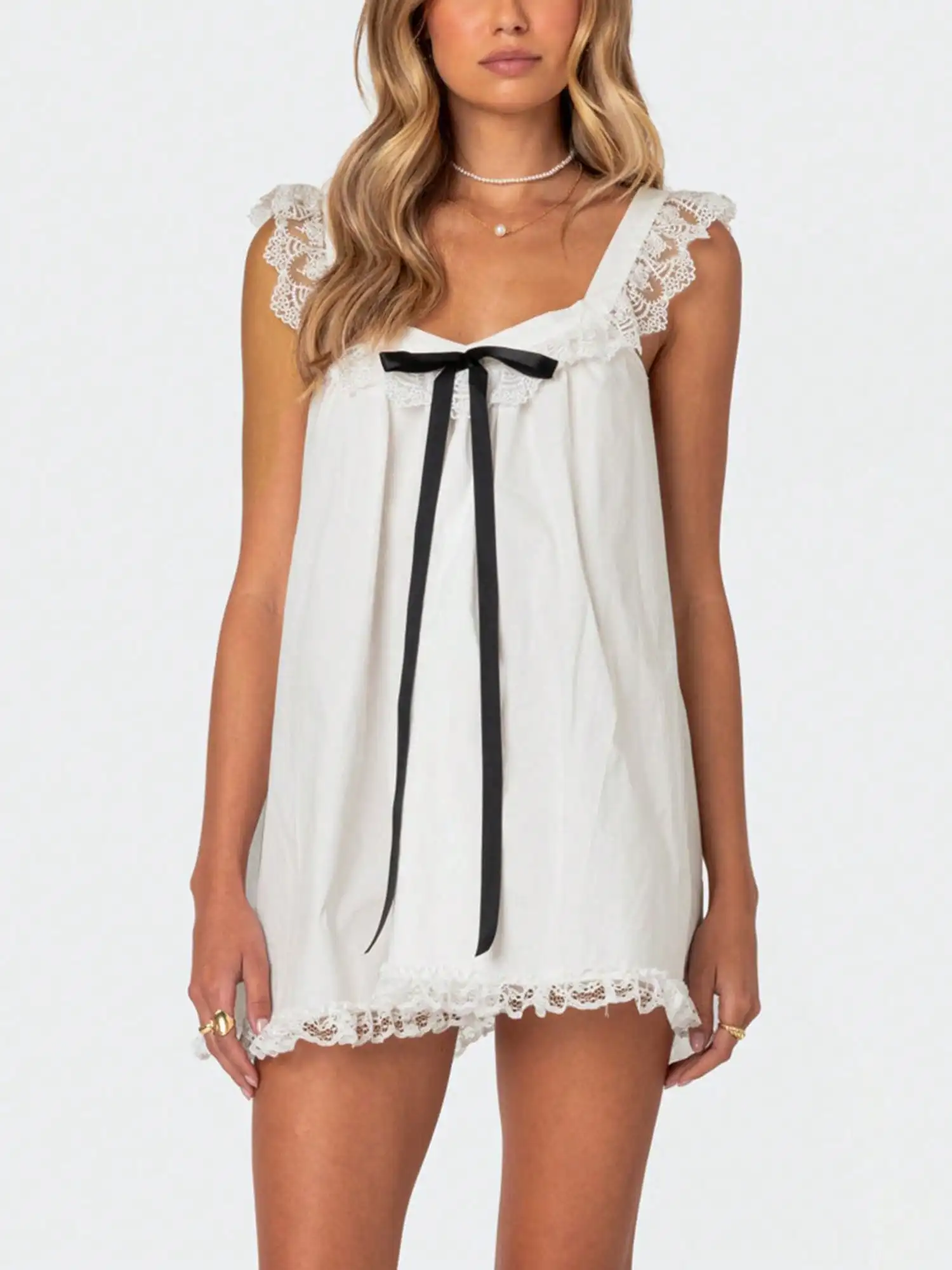 

White Lace Trim Mini Dress with Bowknot Detail and Fly Sleeves