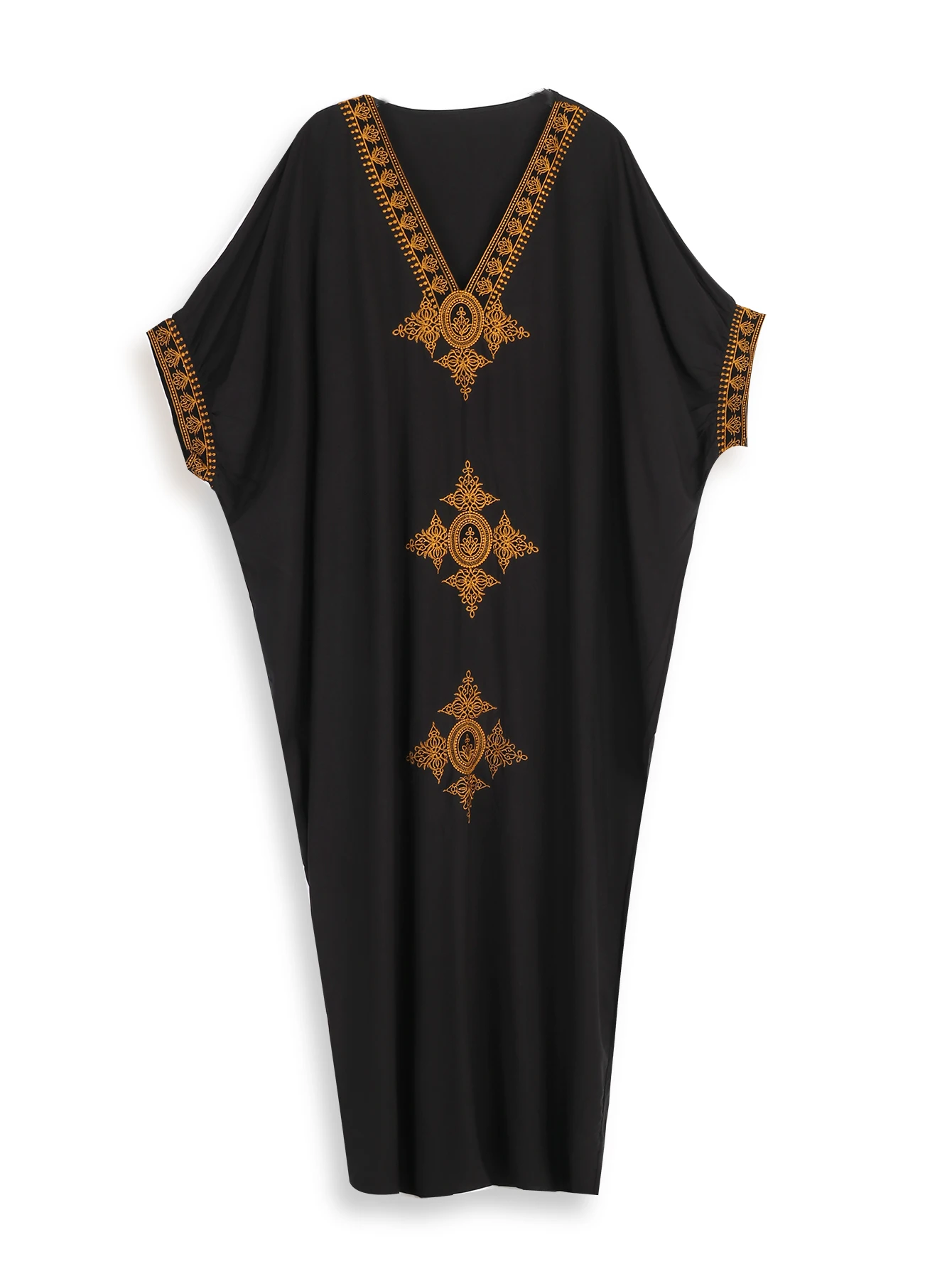 2023 Elegant Gold Embroidered Long Kaftan Retro V-neck Black Maxi Dress Women Summer Clothes Beach Wear Swim Suit Cover Up Q1373