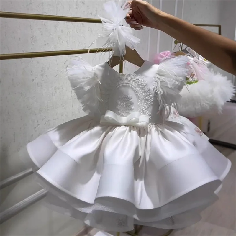 Baby Kids Princess Satin Bow Feathers Flower Girl Dress Children First Communion Dress Ball Gown Wedding Party Dress Birthday