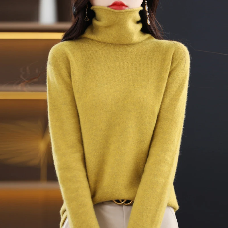 100% Merino Wool Turtleneck Pullover Knitwear Women's New Autumn And Winter Warm Sweater Women's Solid Color Pile Neck Sweater