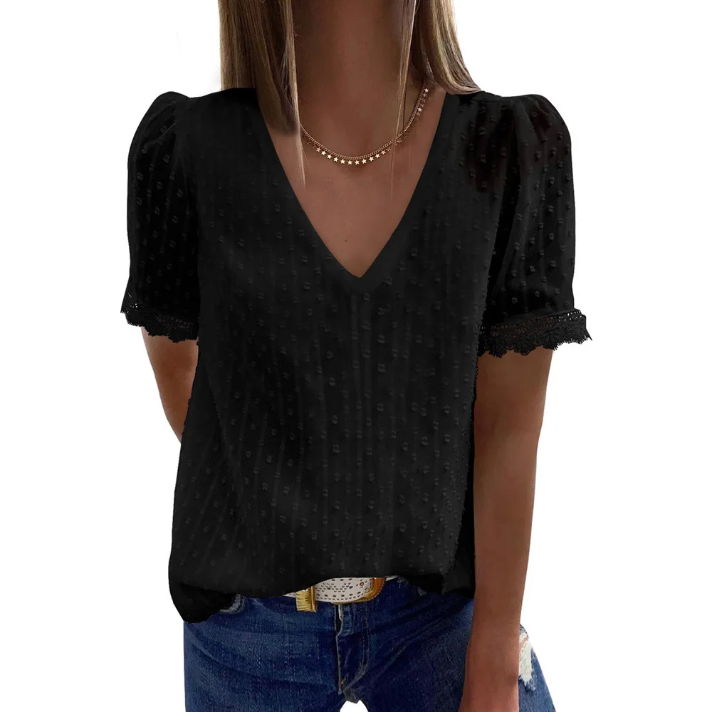 女性のためのモノクロシフォンシャツ、ルーズフィット、レースパチカフ、バレンタインデーギフト