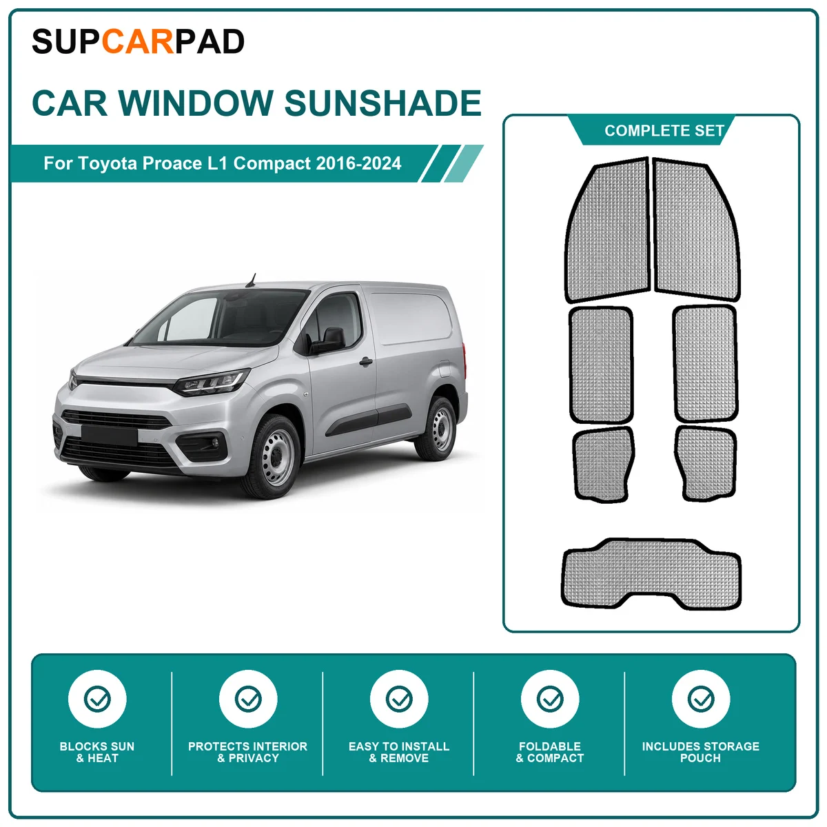 For Toyota Proace L1 Compact 2016-2024 Full Set Car Window Sunshades UV Block Privacy Heat Insulated Foldable Car Curtain