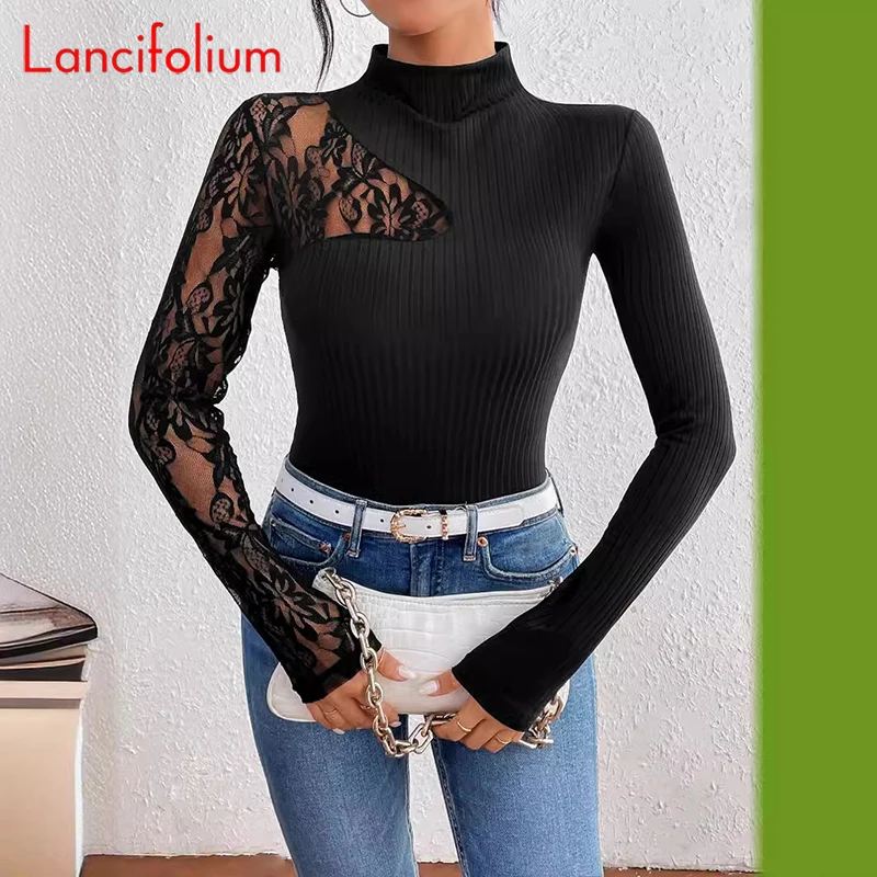 

Осенне-зимние вязаные лоскутные Футболки с кружевной вышивкой, шикарная футболка с ложным воротником, облегающая Прозрачная черная футболка в рубчик с длинным рукавом, Женский Топ 2024