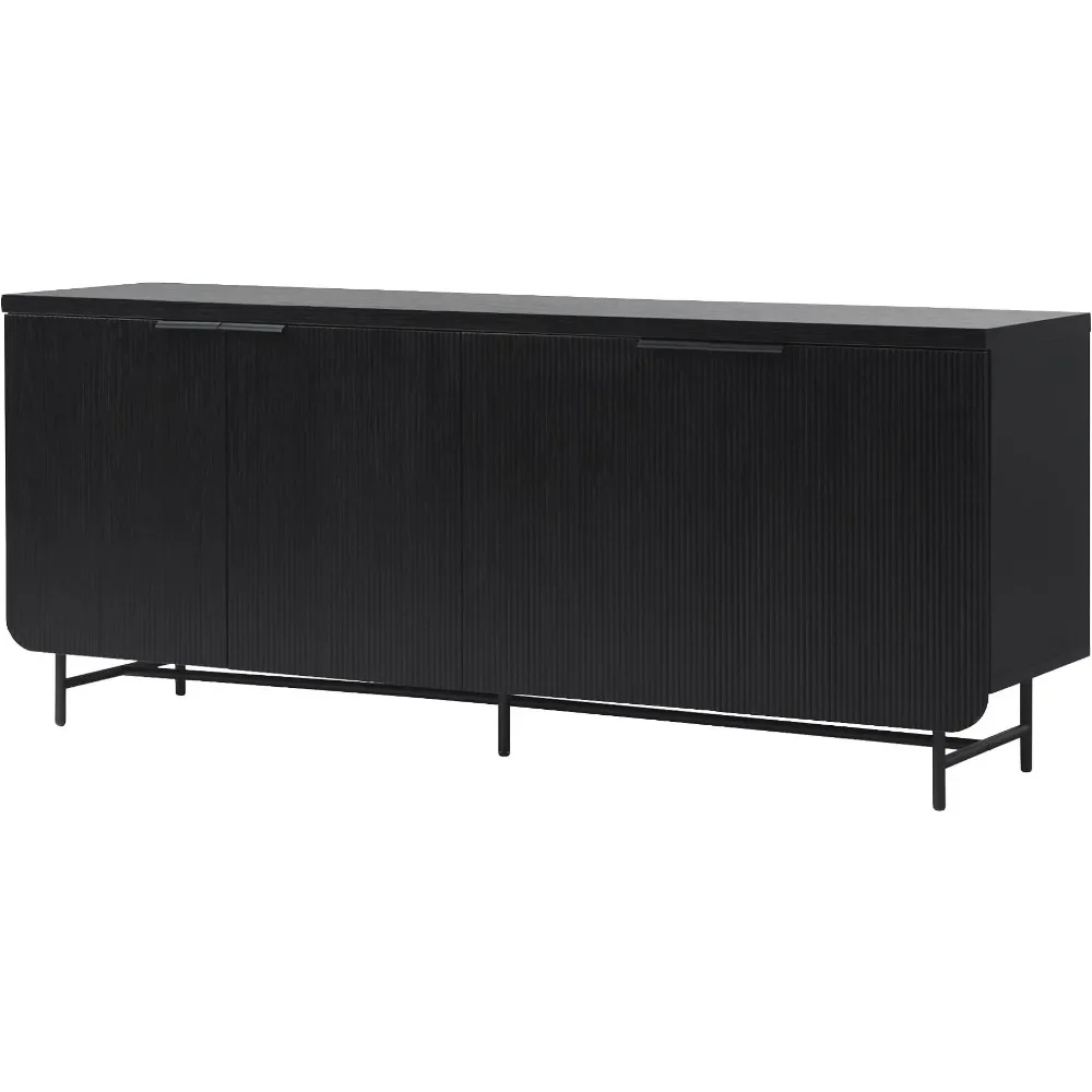 Dining Room Storage Cabinet  Scandinavian Grooved 4-Door Sideboard, 69 Inch, Black