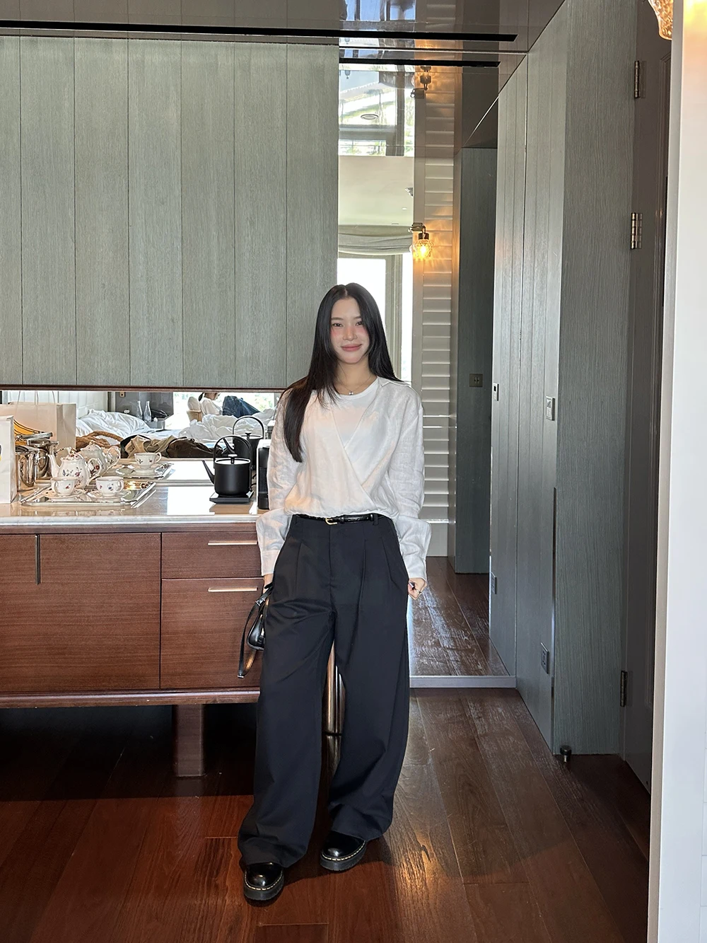 

Minimalist Leather Belted Knife Pleat Straight Leg Pants Women's Korean Style Slimming Trousers High Waist Zipper Closure