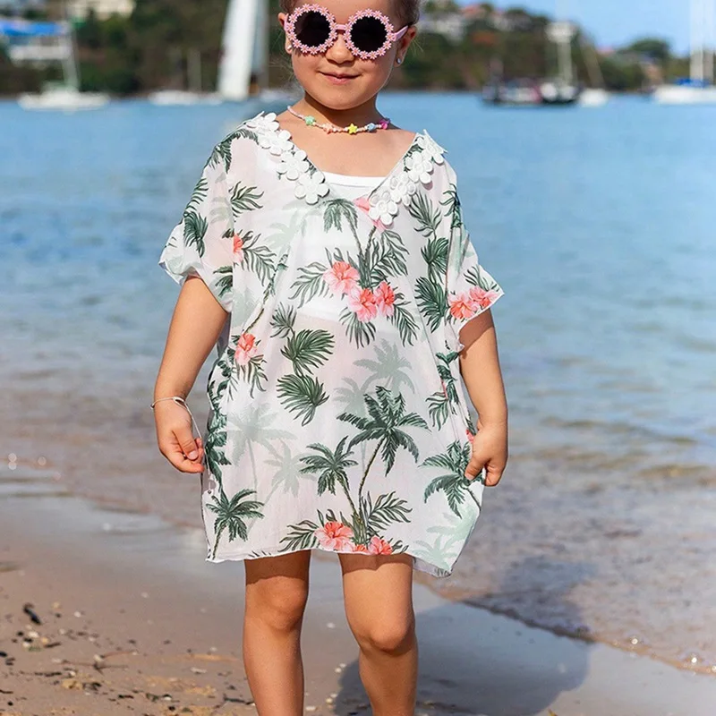 Summer Girls Swim Cover-Up Resort Style Loose Breathable Sun Protection Beach Cover-Up Kids Chic Swimming Thin Long Coat 7-11Y