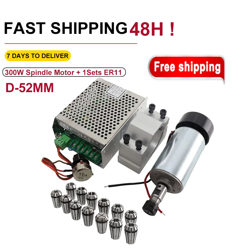 CNC 300W Spindle Motor + 1Sets ER11(1-7mm 13Pcs ) chuck +52mm Mount Bracket + spindle power supp For PCB Engraving