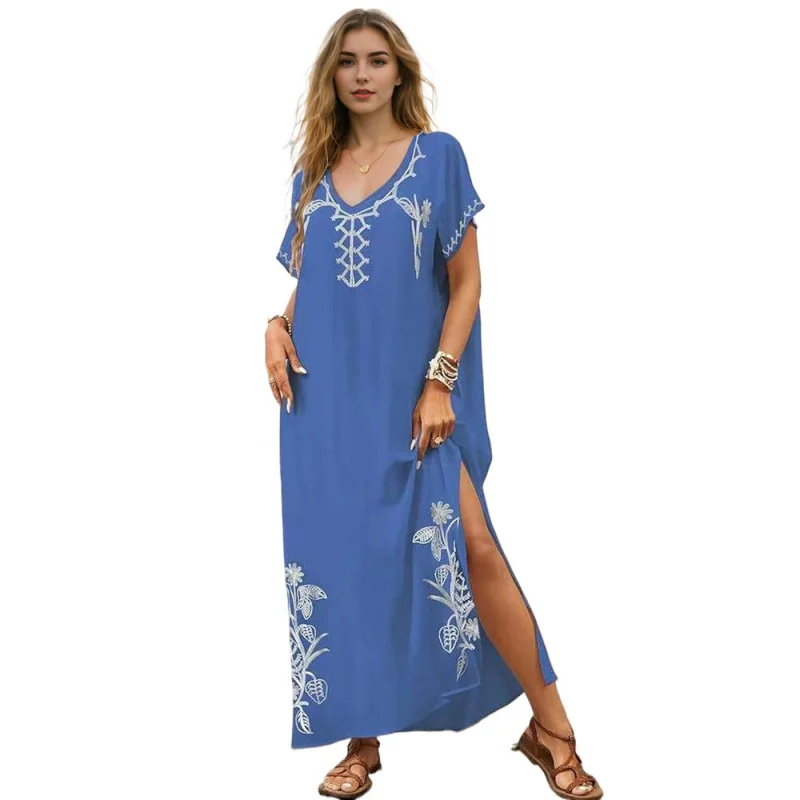 Vestidos de caftán para mujer, traje de baño con bordado floral, cubierta para traje de baño caftán con cuello en V