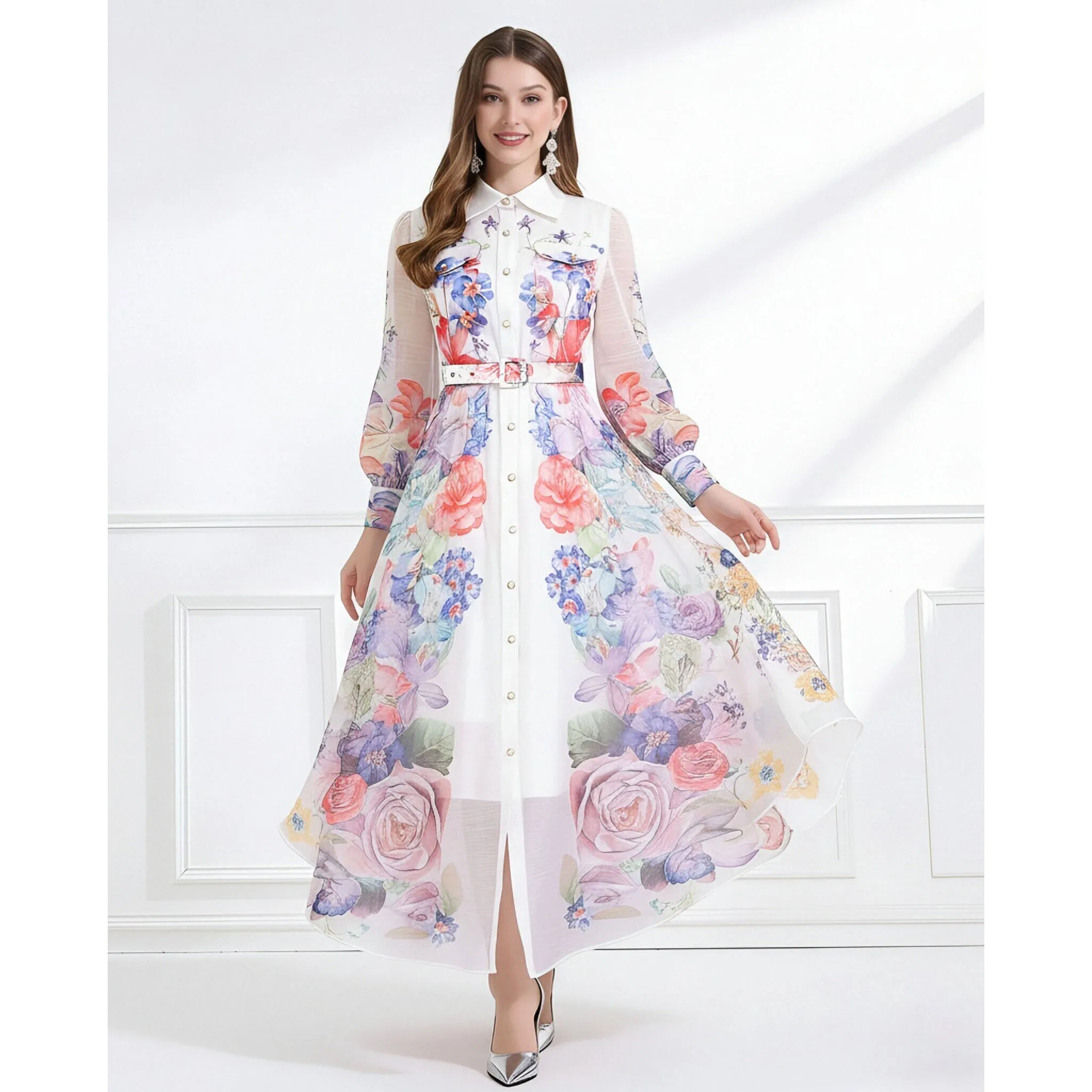 

Women's Floral Print Maxi Dress Lepal Single Breasted Long Lantern Sleeve Belted Robe Style Holiday Vestido 2026 New