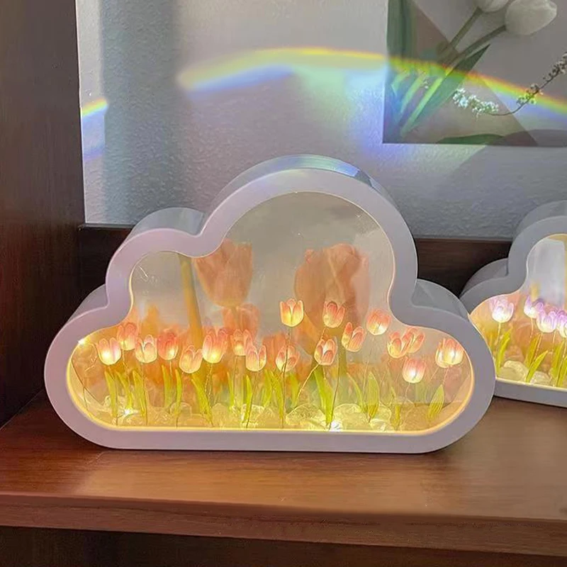 Handmade Pequena Luz Noturna com Nuvem e Tulipa Espelho, Coração Menina, Sala De Estar, Decoração Desktop, Presente De Aniversário, Presente De Férias, DIY