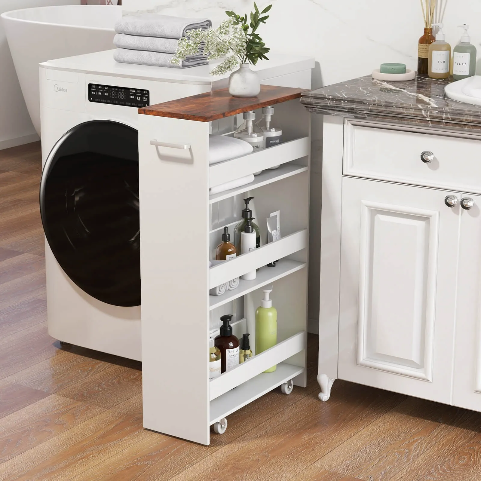 

4-Tier Rolling Storage Cart 8" Slim Kitchen Cart on Wheels with Open Shelves