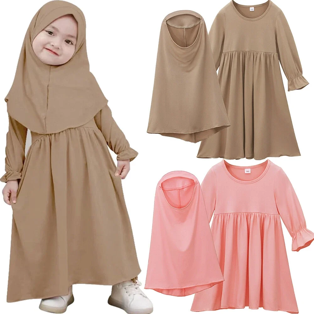2pcs Children Girls Muslim Prayer Dress Middle East Kids Overhead Khimar Hijab Ramadan Abaya Robe