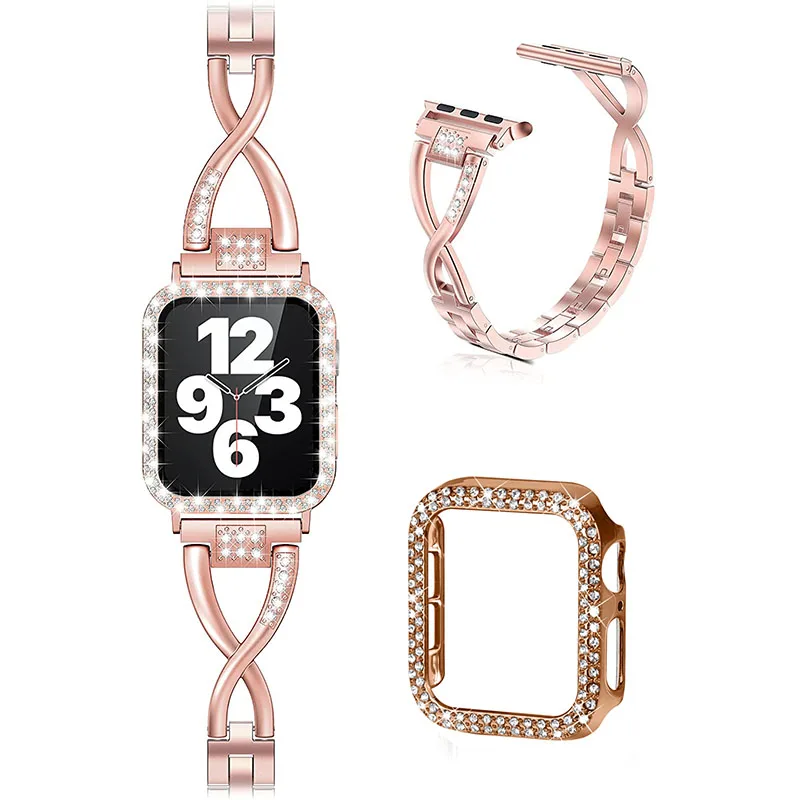 

X-shape Metal Watch Strap Replacement Watchband + Double Row Rhinestone Decorated Anti-scratch Protective Case for Apple Watch S