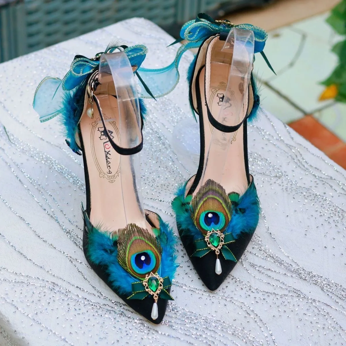 heels for ladies peacock feather Elegant woman heeled shoes High heels elegant women's shoes Mary jane Lolita heels for girls