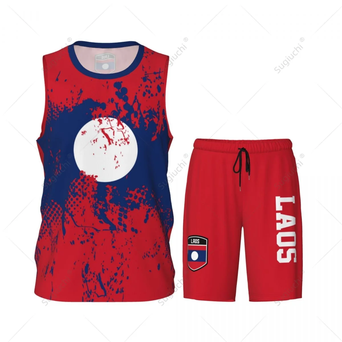 Laos Flag Grain Men Basketball Set Shirt & Pants Sleeveless