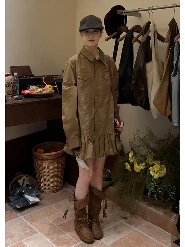 Vroege herfst trendy bruine lange Sve irt Dr Ele hoge taille A-lijn rok hoge kwaliteit eenvoudige en Ele bloemenprint