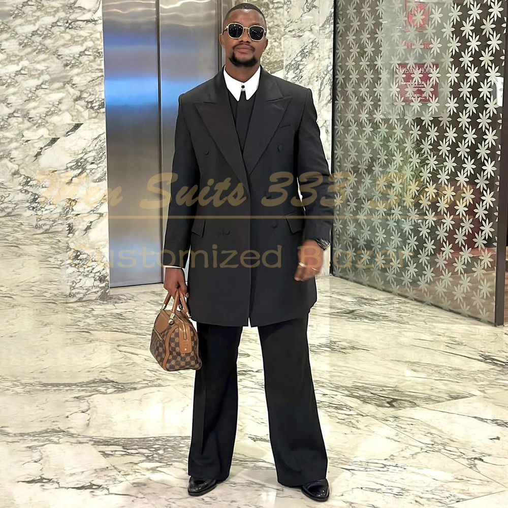 

Роскошные черные мужские костюмы для делового бизнеса, комплекты из 2-х предметов, куртка и брюки, высокое качество, длинный пиджак, модная мужская одежда, костюм Homme