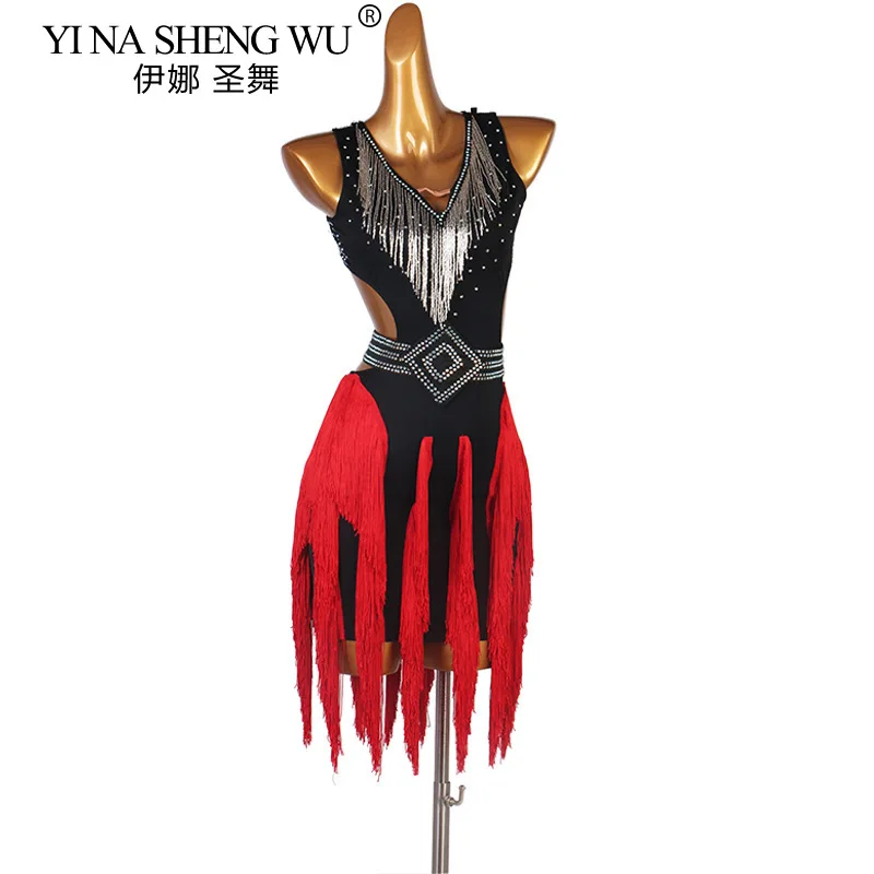 Professionelles lateinamerikanisches Tanz-Performance-Kleid, Quasten-Tanzkleid, Lunba Cha Cha-Tanzkleid, Schwarz, Rot, Damen, lateinamerikanische Performance-Kleidung