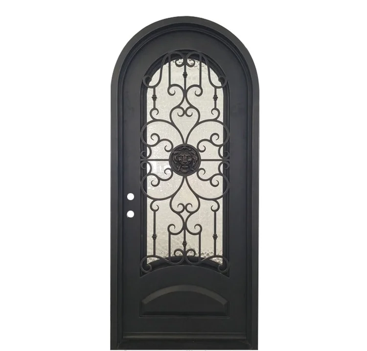 Exterior wrought iron frame frosted triple glass French entrance door modern front